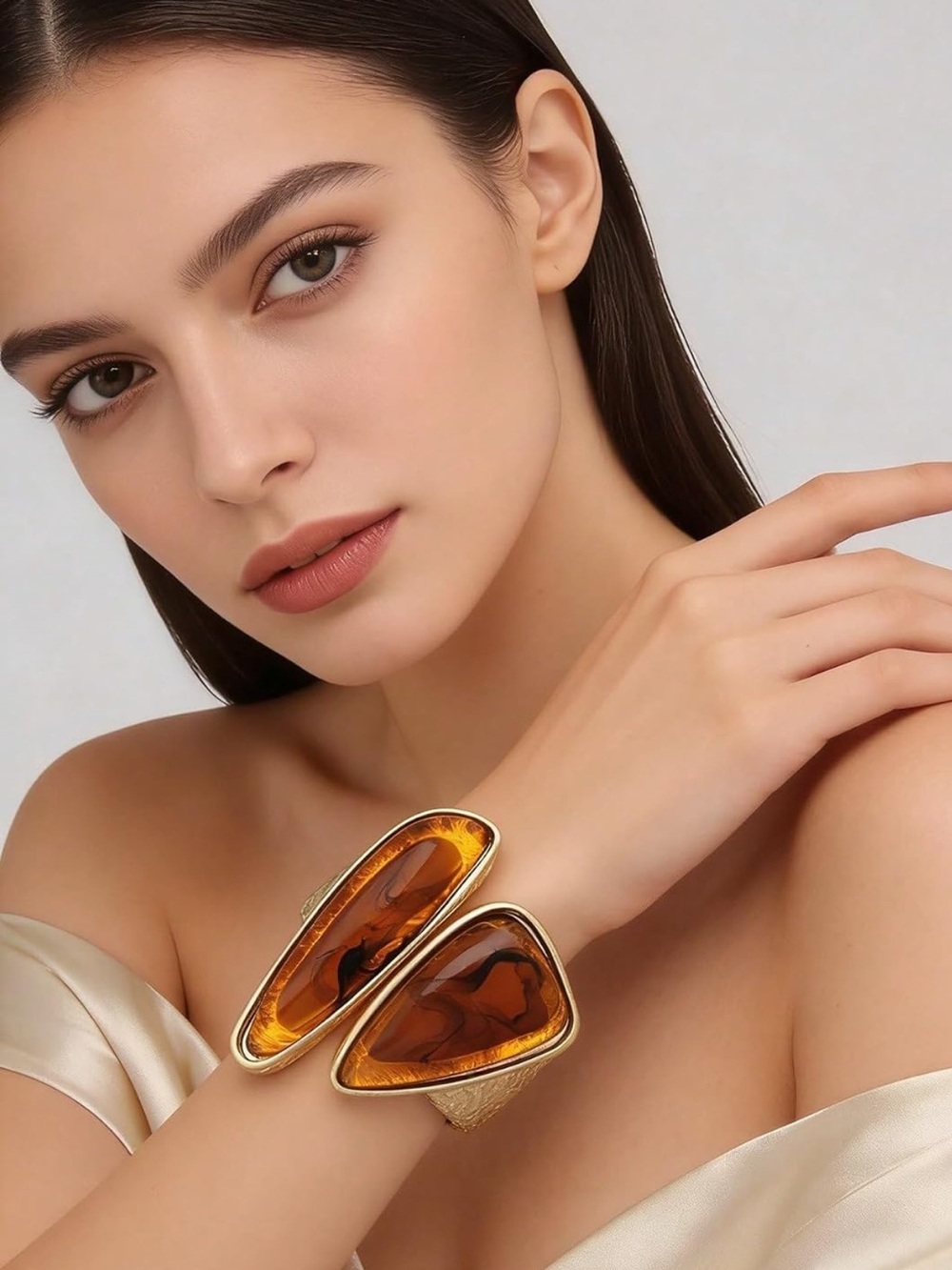 Gold Tone Amber Resin Statement Bracelet  | Adjustable Cocktail Bracelet | Sculp